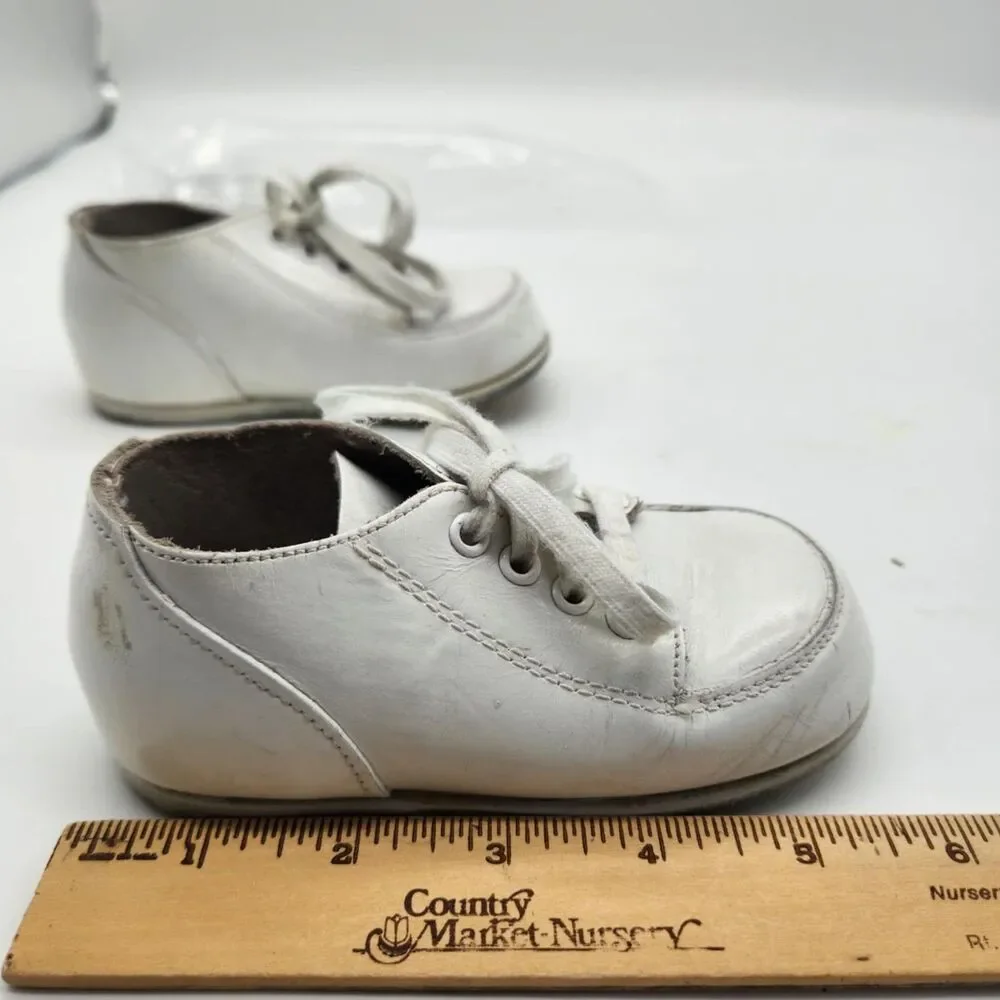 Vintage Baby Sz 4.5 White Leather Walking Shoes High Top Hard Bottom Lace Up B